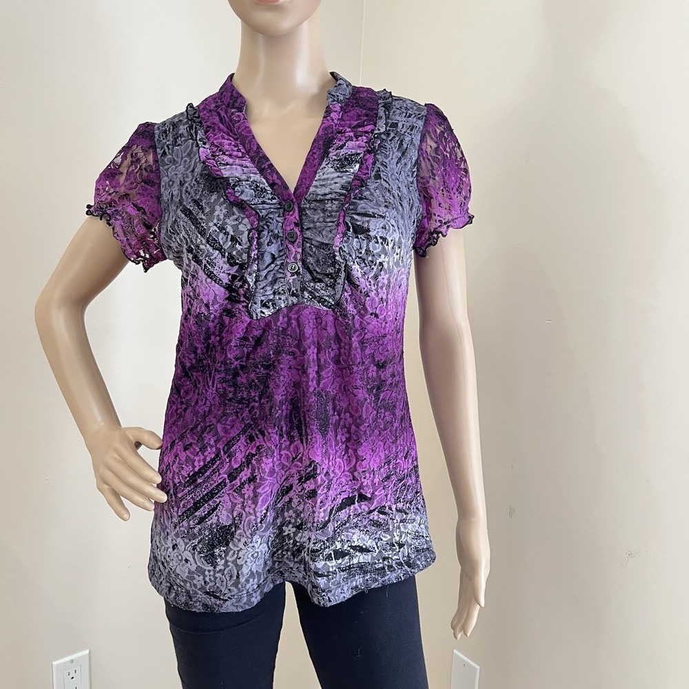 Y2k AB Studio Mesh Sheer Empire Waist‎ Blouse Whimsigoth Dark Fairy Sz Medium